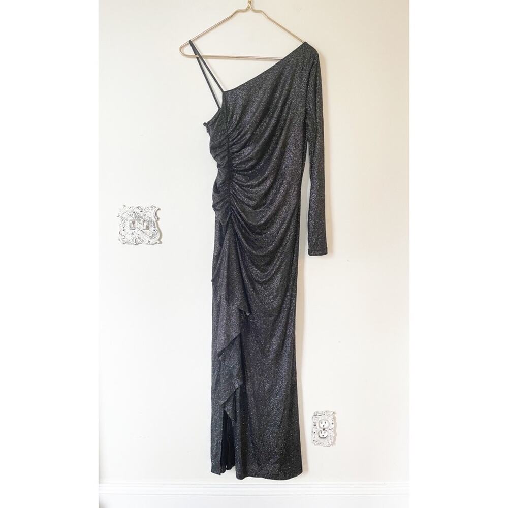 David Meister One Shoulder Black Sparkly Ruched Maxi Dress Gown 8